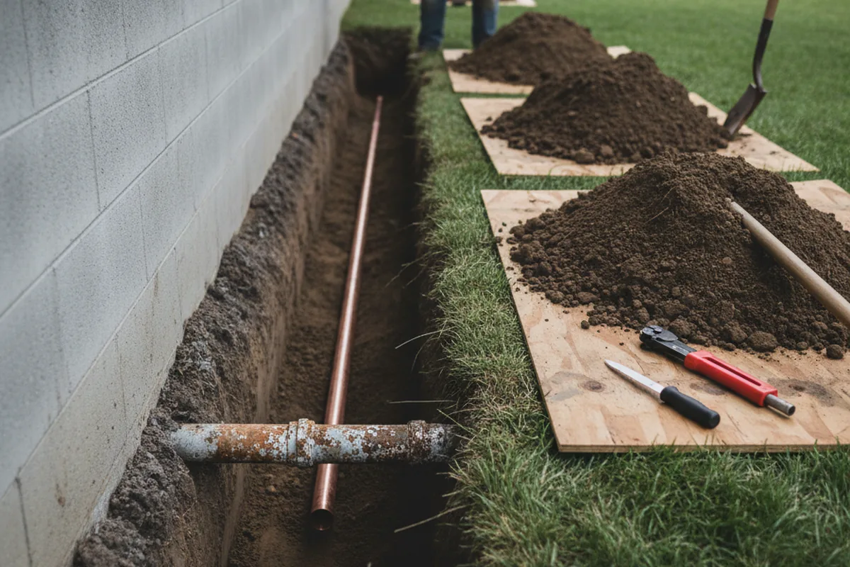 Excavated water line trench during Water Softener Installation in Crouse
